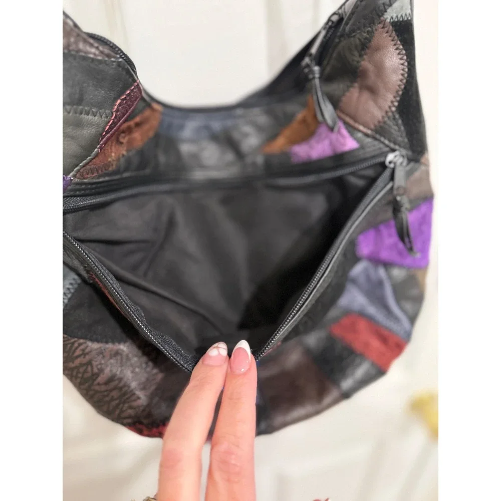 Vintage Leather Patchwork Crossbody Bag Multi Color Textured Hobo Shoulder Bag